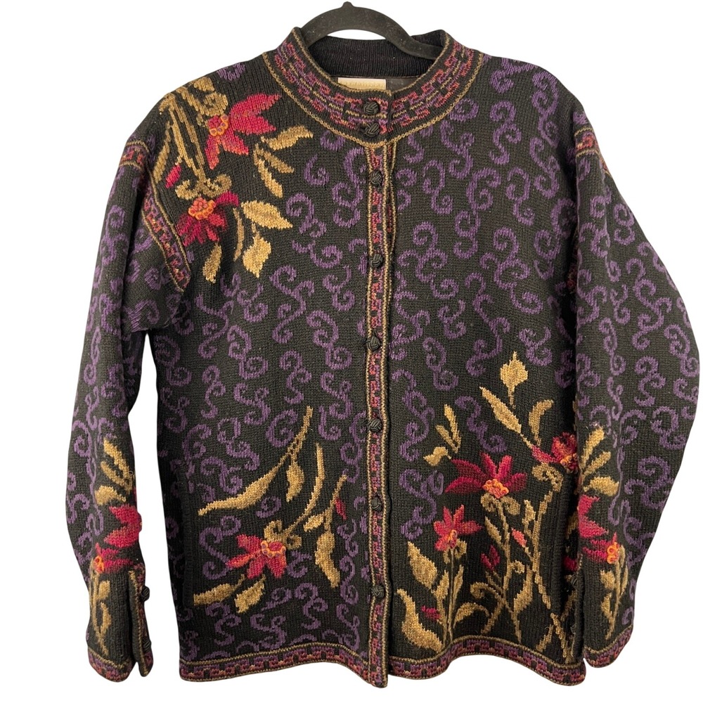 Vintage‎ Coldwater Creek Icelandic Design Wool Blend Floral Cardigan Size S